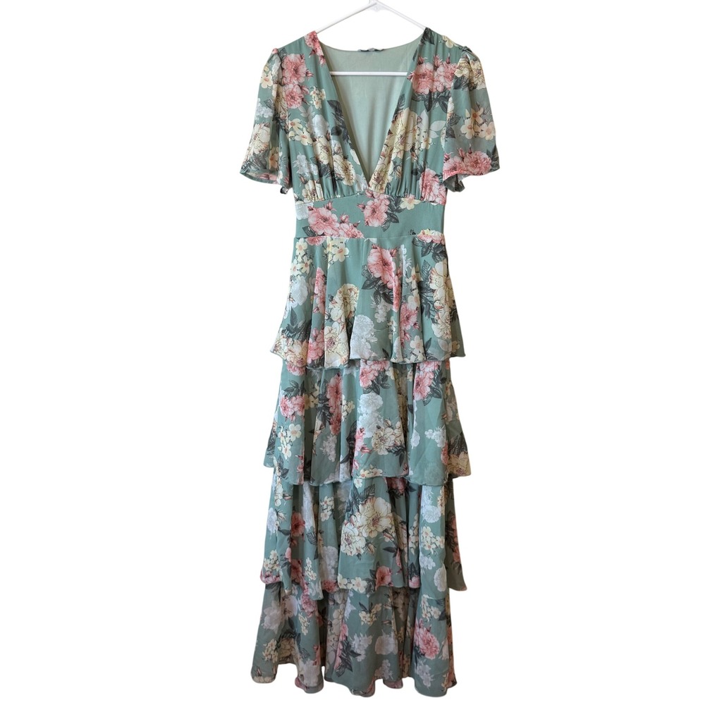 Baltic Born Maxi Dress M Sage Green Floral Tiered Ruffle V-Neck Flutter Romantic